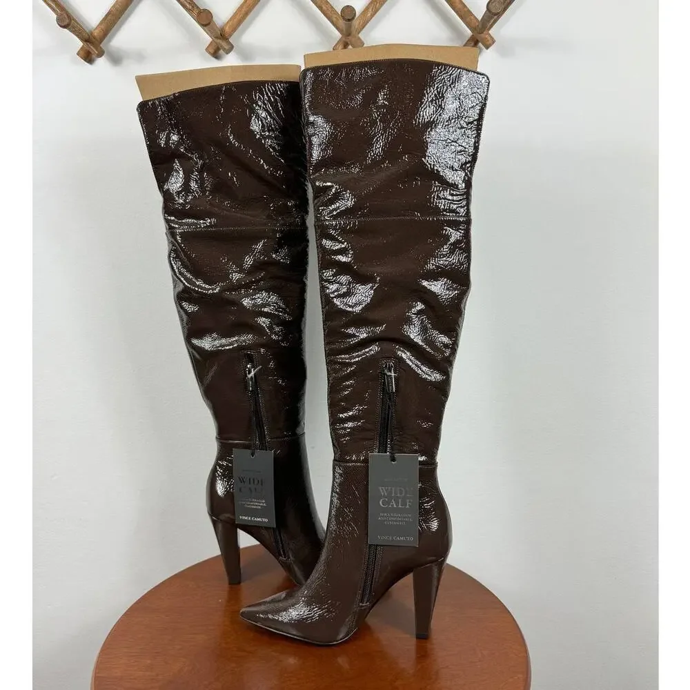 New Vince Camuto Minnada Wide-Calf Over-The-Knee Boot in Root Beer Patent Size 7